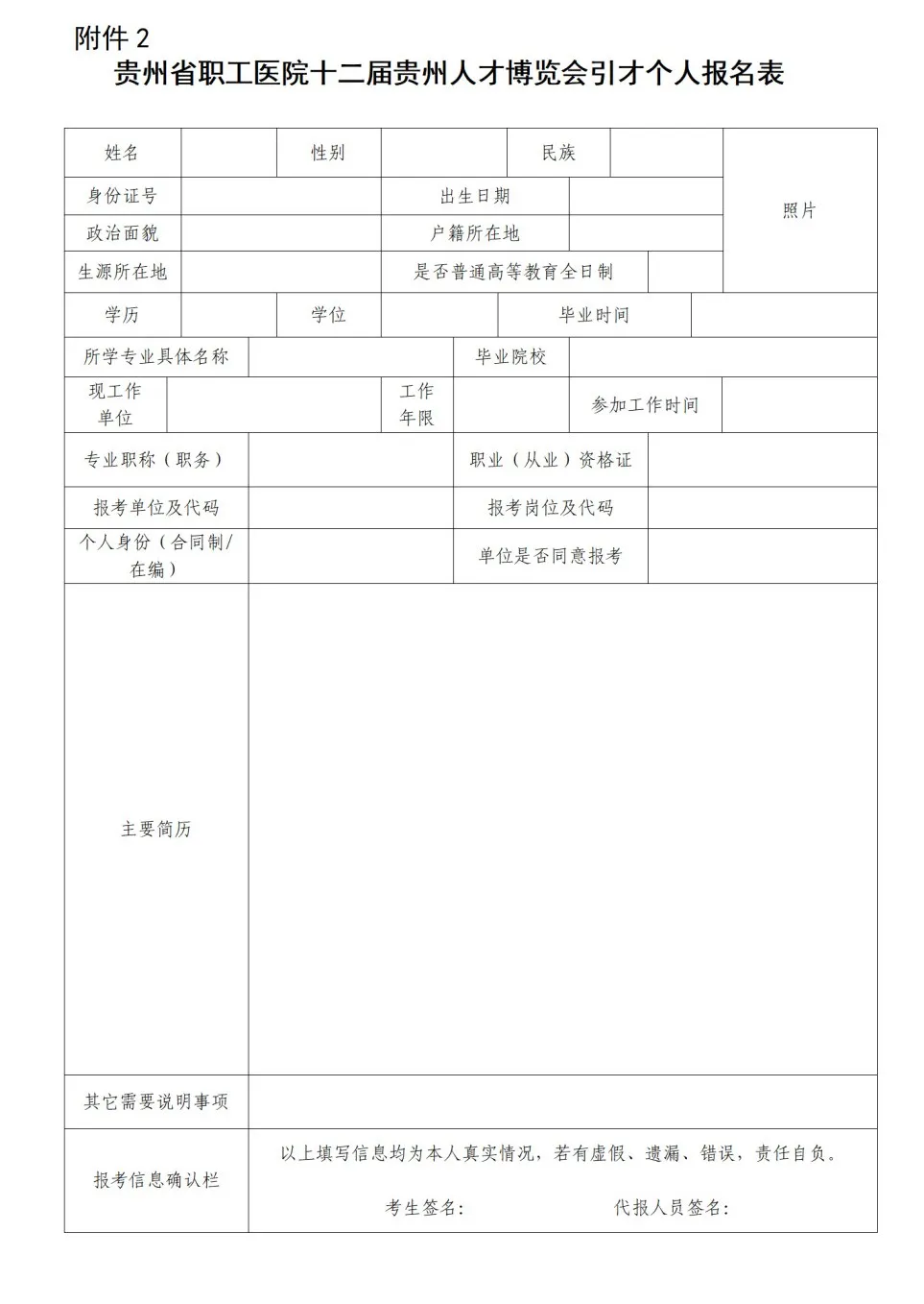 贵州省职工医院十二届贵州人才博览会引才个人报名表
